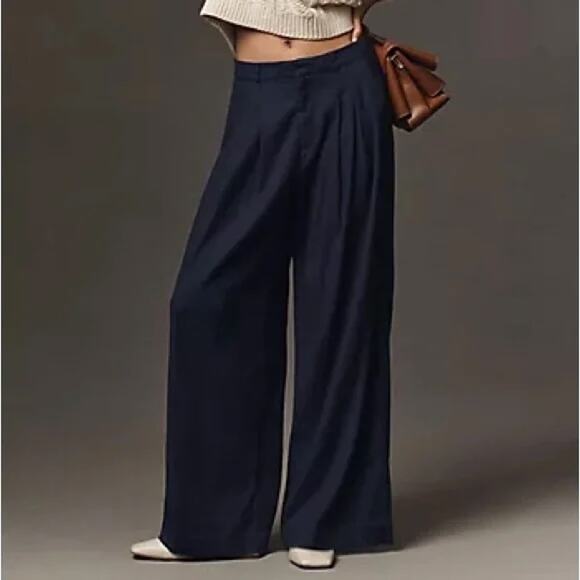 Maeve Anthropologie High Rise Pleated Front Wide Leg Trouser Pants Navy Blue 6 - Picture 1 of 10